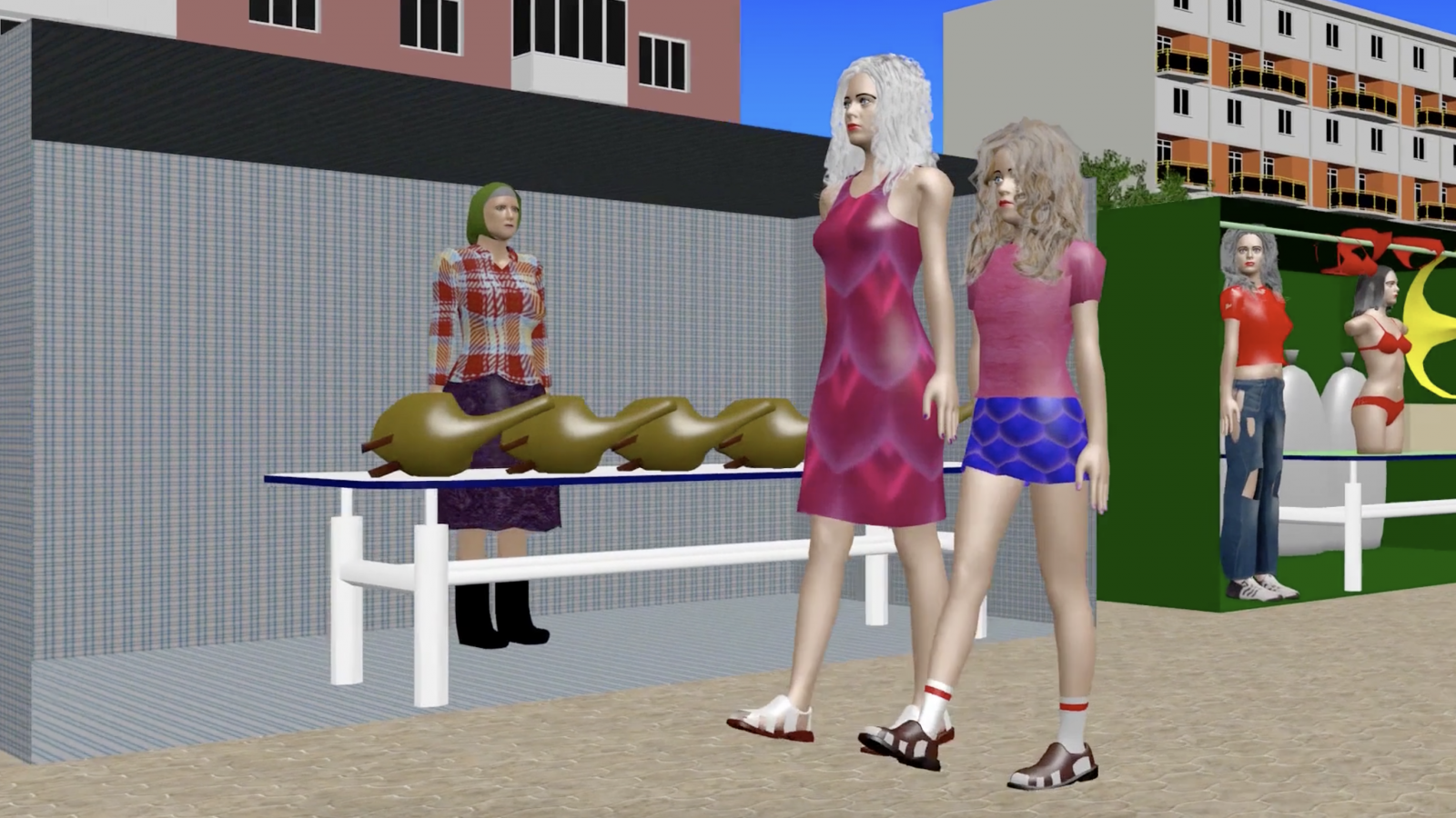 rus: Низькополігональні моделі: дві жіночки проходять повз стіл із гусками, за яким стоїть стара жінка.
