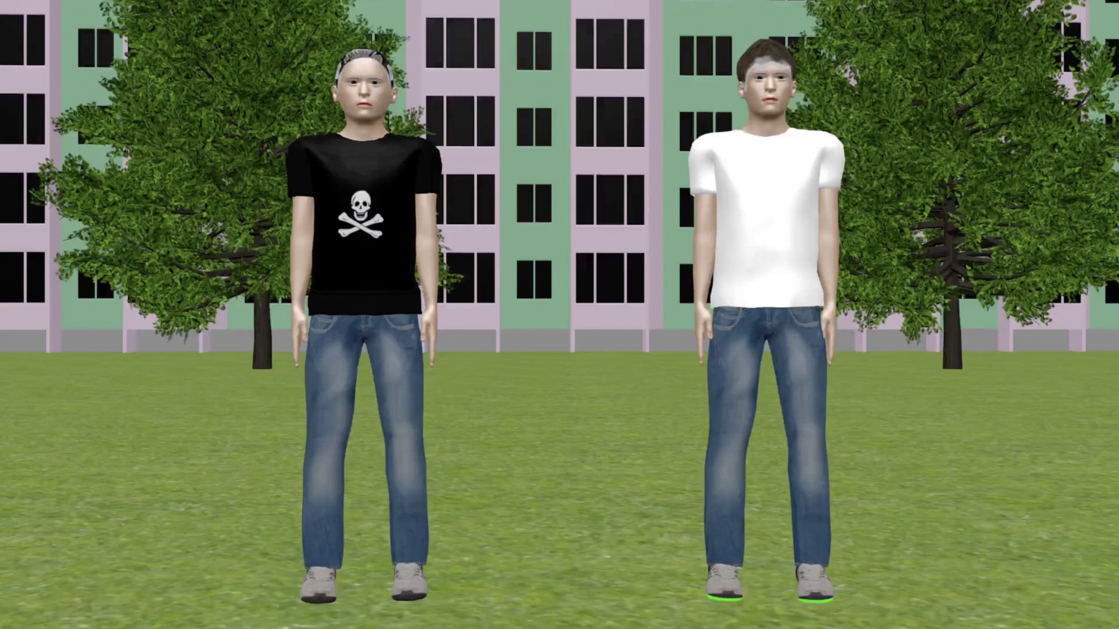 rus: низькополігональні моделі два хлопця у дворі обидвоє у джинсах один в білій футболці інший у чорній
