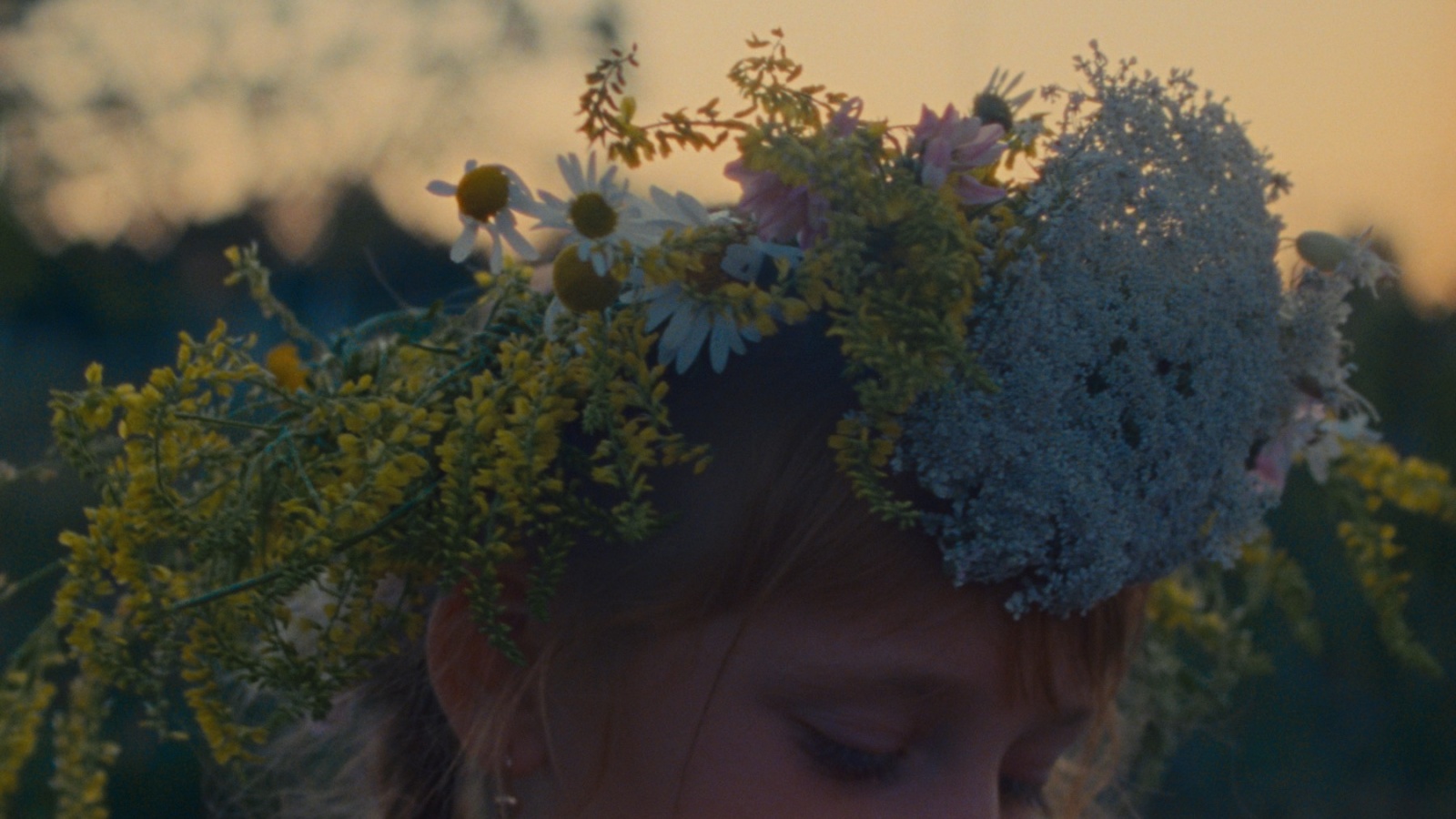 eng: A girl with a wreath of wild flowers on her head.