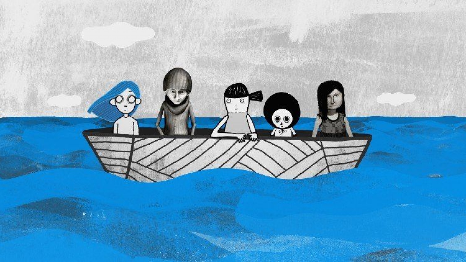 rus: У човні посеред води пливуть п'ятеро персонажів та персонажок. Усі з них чорнобілі, крім дівчинки з блакитним волоссям.