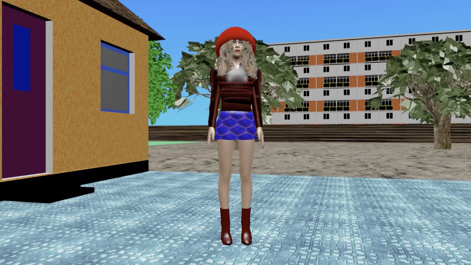 rus: низькополігональна модель жінки що стоїть посеред спального району із гігантською червоною шапкою на голові 