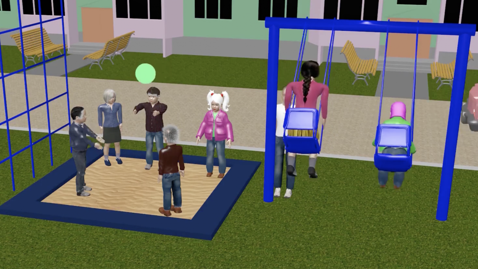 rus: низькополігональна модель: дитячий садок п’ятеро дітей зліва бавляться із кулькою у пісочниці, двоє справа катаються на гойдалці 