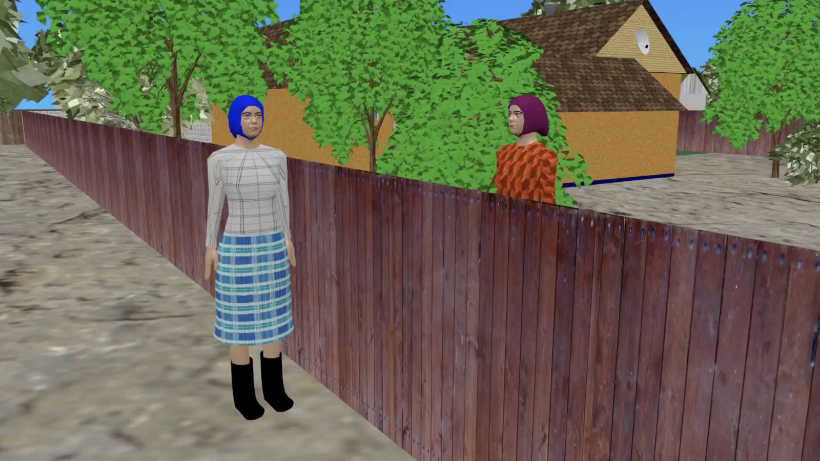 rus: низькополігональні моделі двох літніх жінок що спілкуються через паркан 