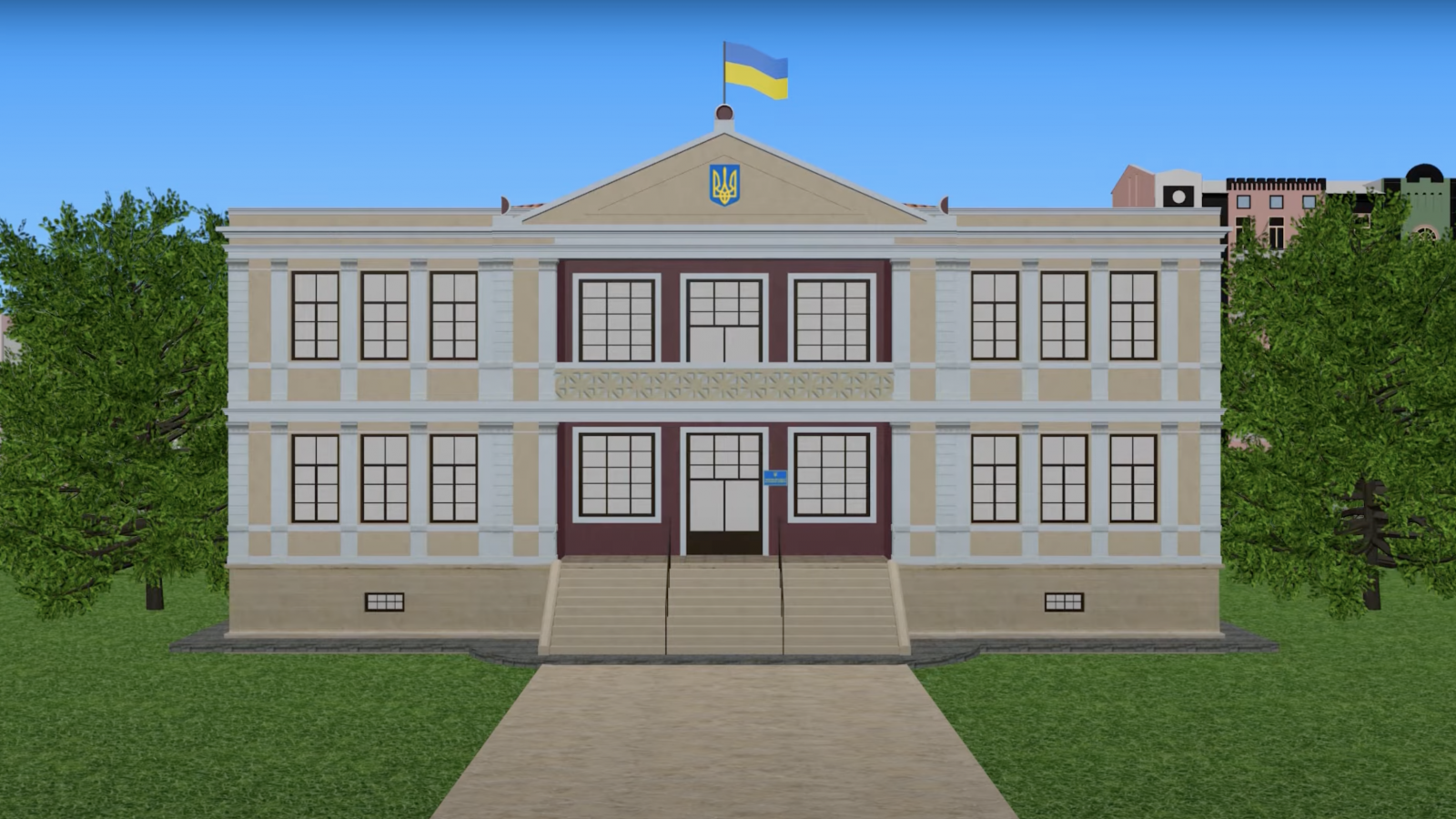 rus: Низькополігональна модель будинку із прапором україни на даху.