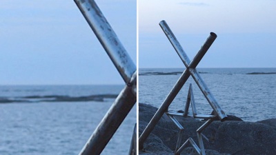 Two compared versions of one photo with sculptures of iron pipes crossed and star-shaped on the background of the evening sea