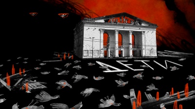 Графічно зображений Маріупольський драмтеатр, з наслідками бомбардування. Перед театром на асфальті — напис «Діти».
