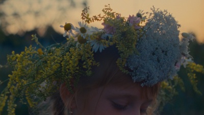 Дівчинка з вінком з польових квітів на голові.